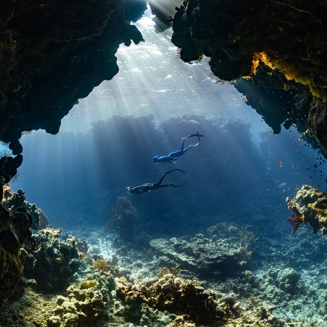 a scuba diver swims through an underwater cave